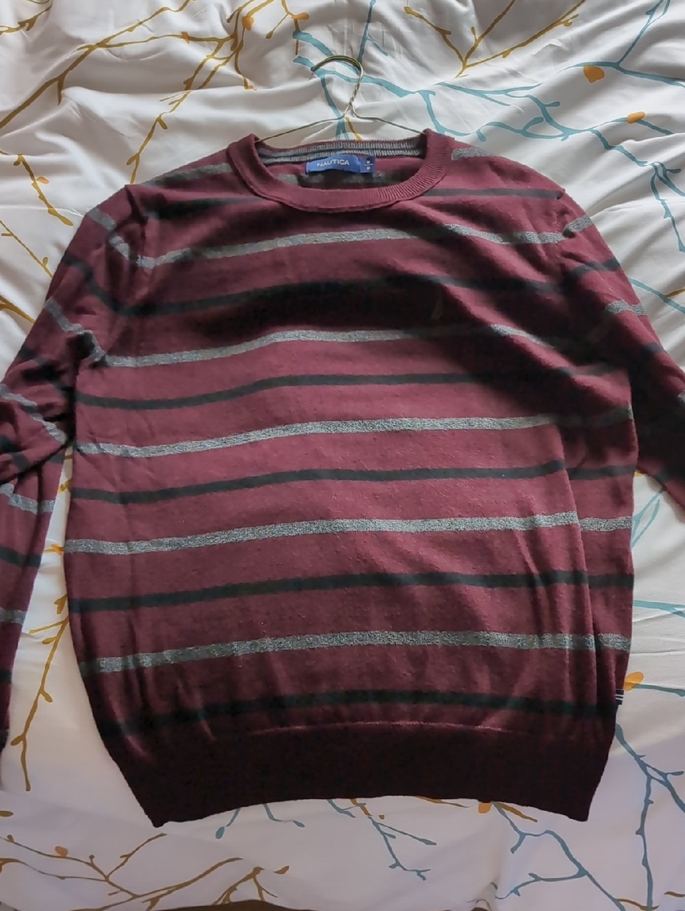 Nautica Men's Burgundy and Gray/Black Striped Crewneck Sweater (Size M)
